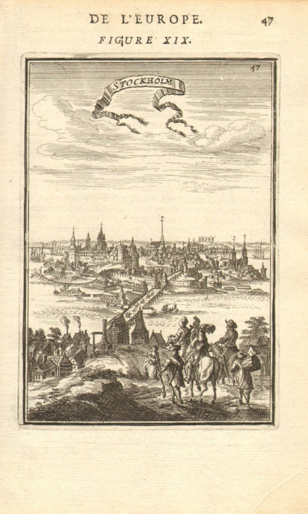 STOCKHOLM. Decorative town view. Sweden. Horses & boats. MALLET 1683 old print